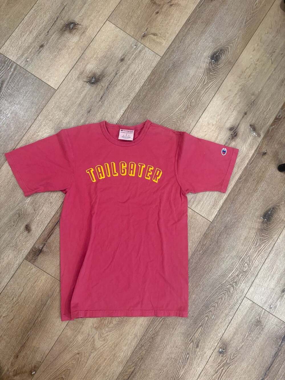 Vintage Champion Logo Tailgater T Shirt Red Yellow Graphic Y2K Unisex Small